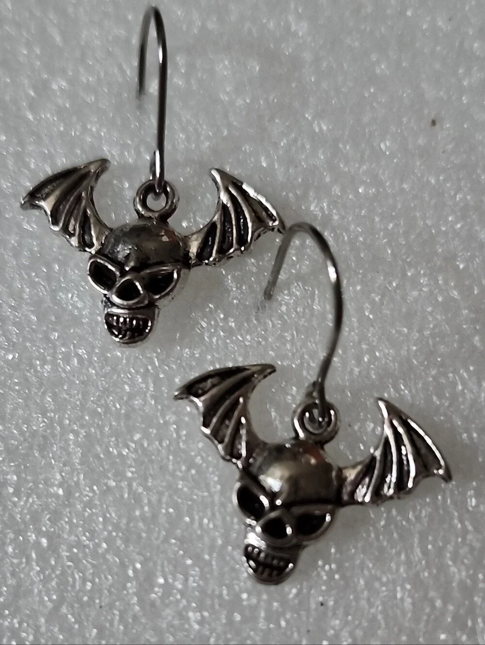 Hand Crafted Silver Bat Skull Dangle Earrings